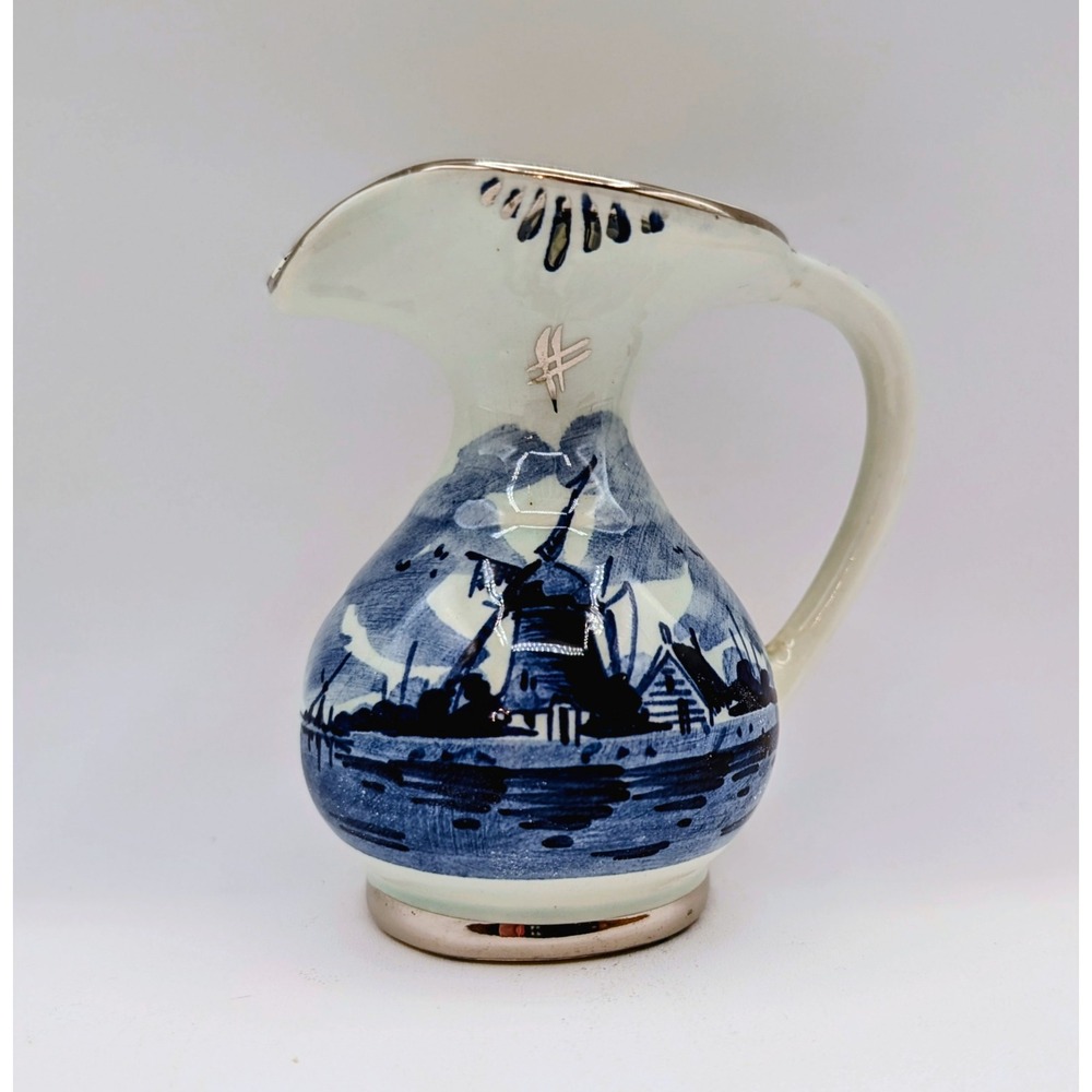 Delft Blue Hand Painted Windmill Pitcher Made in Holland Gold Trim Vintage